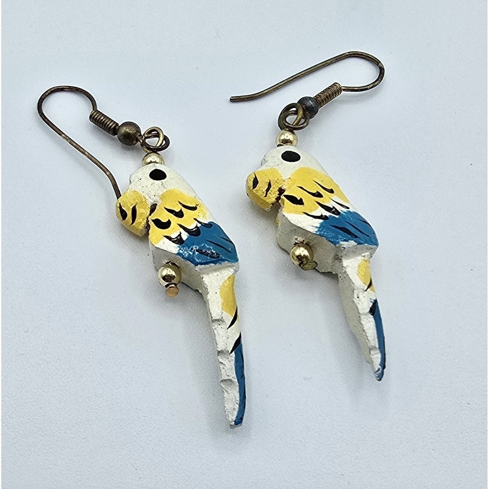 Vintage 80s Parrot Dangle Earrings White Blue Yellow Carved‎ Wood